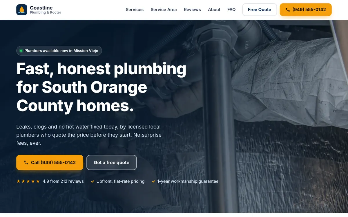 Screenshot of the Coastline Plumbing & Rooter demo website homepage